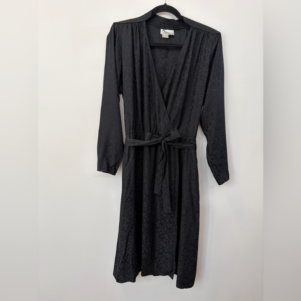 Vintage 80s 90s Argenti Silk Faux Wrap Dress Abstract Polka Dots Black Size 12